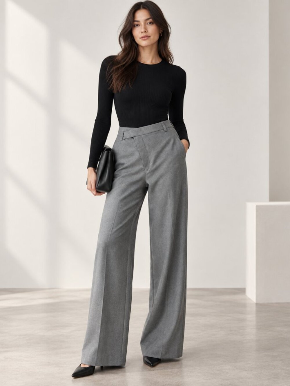 ZARA Gray 100% Wool Asymmetric Waist Wide-Leg Trousers High Rise New M
